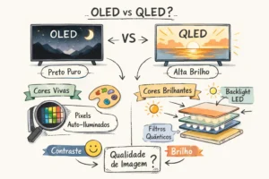 Ilustração comparativa entre TV OLED e QLED mostrando diferenças de contraste, brilho, cores e tecnologia de iluminação do painel.