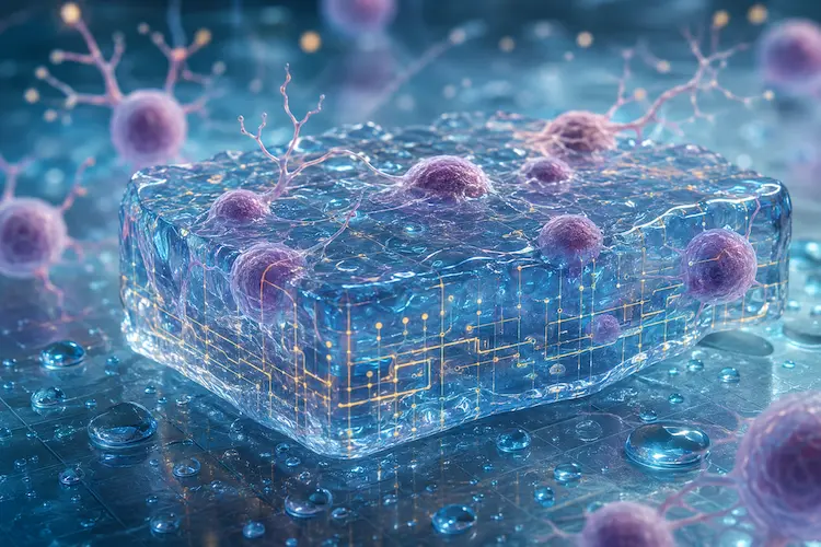 Semicondutor de hidrogel translúcido com células vivas e circuitos luminosos, representando a interação entre bioeletrônica e tecido biológico.