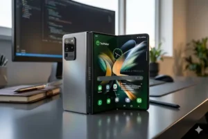 Smartphone Galaxy Z Trifold parcialmente dobrado em três partes sobre mesa de escritório