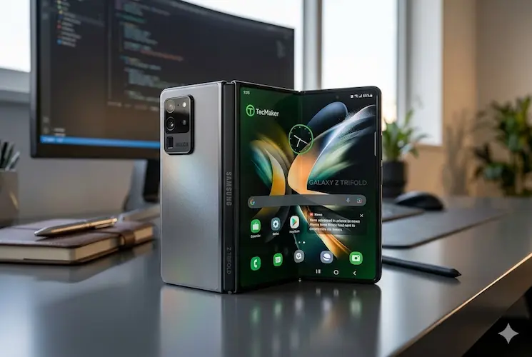 Smartphone Galaxy Z Trifold parcialmente dobrado em três partes sobre mesa de escritório