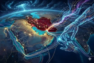 Infogr&aacute;fico conceitual horizontal (750x500) visualizing global strategic analysis of Iran's threat to submarine internet cables in the Persian Gulf and Red Sea, labeled com o TecMaker logo. The view centers on the Middle East with a dynamic chasm of data and light. On the left, a turbulent red alert signal labelled 'ALERTA GLOBAL' and 'IR&Atilde; AMEA&Ccedil;A CABOS SUBMARINOS DE INTERNET'. Glowing fiber-optic cables trace choke points: 'ESTREITO DE ORMUZ (BLOQUEIO SINALIZADO)' in the Persian Gulf and 'MAR VERMELHO (ZONA DE CONFLITO ATIVO)'. Small defined cable labels include 'AAE-1', 'SEACOM', 'TGN-EA', 'EIG'. Near these, sections are vulnerable. Emerging from the Iranian coast (highlighed in deep red labeled IR&Atilde; AMEA&Ccedil;A CABOS SUBMARINOS DE INTERNET), stylized alien-like data hand reaching toward key points labeled 'FOR&Ccedil;A DE SABOTAGEM (IA)'. Neural networks and code glyphs from image_81.png and image_88.png illustrate cyber interuption. Natural light transitions into dynamic blue and red glows, visualizing Niantic Spatial and codes UAP. Text labels in Portuguese describe 'Ir&atilde; (AMEA&Ccedil;A CRESCENTE)', 'Interrup&ccedil;&atilde;o T&eacute;cnica (CYBER)', 'Controle de Infraestrutura'. At the very bottom, a small 'TecMaker' logo and 'An&aacute;lise Estrat&eacute;gica' text are present..