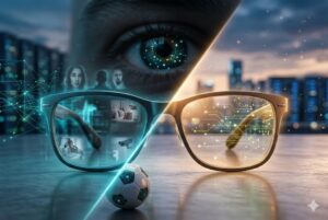 Representação conceitual de óculos inteligentes em close-up sobre uma superfície reflexiva. Uma das lentes exibe circuitos digitais dourados brilhantes, enquanto a outra mostra sombras de ambientes privados e silhuetas humanas, simbolizando o debate sobre privacidade e vigilância. Ao fundo, um olho humano digitalizado observa a cena sob uma luz cinematográfica, representando o monitoramento e o processamento de dados por inteligência artificial.