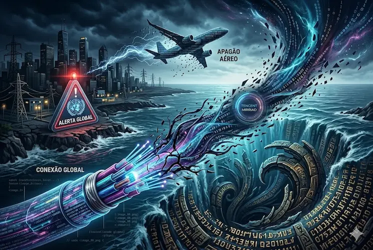 nfográfico tático horizontal (750x500) visualizando o 'Lockdown Energético' e riscos interligados: apagão aéreo (avião em distorção com data code) e alerta global da ONU (beacon triangular e logotipo ONU). Uma cidade futurista em colapso energético é mostrada contra um chasm de dark energy e dados fragmentados. As marcas integradas taticamente dos slides anteriores (Tencent, Mirriad, Starbucks, Coca-Cola) são visíveis na matriz de dados. Títulos em português: APAGÃO AÉREO, ONU ALERTA GLOBAL, LOCKDOWN ENERGÉTICO. Estilo cinemático, high-resolution, Dramatic Depth of Field e Vibrant Colors dentro de uma sophisticated, technological matrix. Boundaries transition seamlessly into code glyphs.