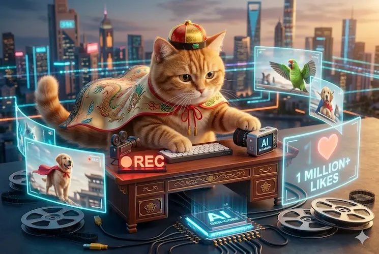 Close-up conceitual de um gato tabby com um pequeno chapéu de diretor chinês e uma capa de seda, operando um painel de controle com câmeras em miniatura e telas holográficas. As telas mostram outros pets atuando e o número '1 MILLION LIKES' brilhando em azul. O fundo sugere um cenário de estúdio de cinema tecnológico com cabos e hardware de IA