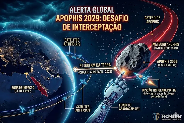 Infogr&aacute;fico t&aacute;tico mostrando a trajet&oacute;ria do asteroide Apophis em 2029. Ele passa a 31.000 km da Terra, por dentro da &oacute;rbita dos sat&eacute;lites artificiais. &Agrave; direita, um bra&ccedil;o rob&oacute;tico de IA realiza uma miss&atilde;o de intercepta&ccedil;&atilde;o e desvio antes da aproxima&ccedil;&atilde;o m&aacute;xima. Mapa-m&uacute;ndi e dados t&eacute;cnicos em portugu&ecirc;s.