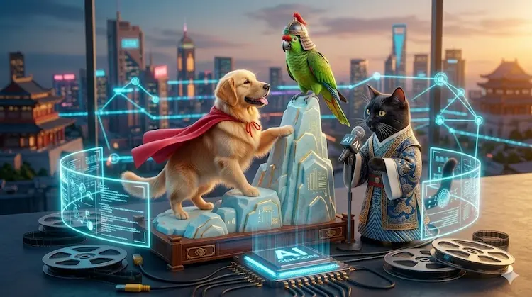 Close-up conceitual de um Golden Retriever com capa vermelha e um papagaio com capacete tradicional chinês 'atuando' em uma cena dramática gerada por IA. Um gato preto em roupão tradicional chinês segura um microfone de IA. Cabos de dados e uma estrutura de microchip brilhante sugerem o processamento complexo e o alto custo de hardware.