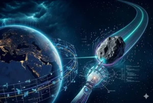 Ilustra&ccedil;&atilde;o cinematogr&aacute;fica do asteroide Apophis em rota de aproxima&ccedil;&atilde;o da Terra. O corpo rochoso cruza o espa&ccedil;o pr&oacute;ximo a uma rede brilhante de sat&eacute;lites artificiais em &oacute;rbita. &Agrave; direita, um bra&ccedil;o rob&oacute;tico de alta tecnologia (IA) estende-se para interceptar o meteoro. Estilo t&aacute;tico com tons de azul profundo, ciano e part&iacute;culas de dados digitais