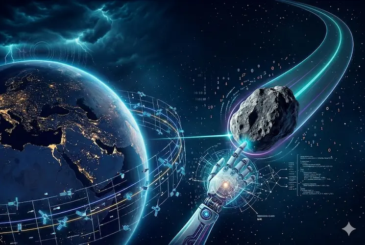 Ilustração cinematográfica do asteroide Apophis em rota de aproximação da Terra. O corpo rochoso cruza o espaço próximo a uma rede brilhante de satélites artificiais em órbita. À direita, um braço robótico de alta tecnologia (IA) estende-se para interceptar o meteoro. Estilo tático com tons de azul profundo, ciano e partículas de dados digitais