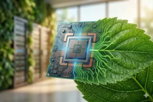 anatomia de um chip de silício NPU (especializado em inferência) cujos circuitos se transformam organicamente nas veias de uma folha verde. O fundo, em um desfoque suave (bokeh), sugere um data center eco-eficiente banhado por luz natural, em vez da escuridão fria de servidores tradicionais.