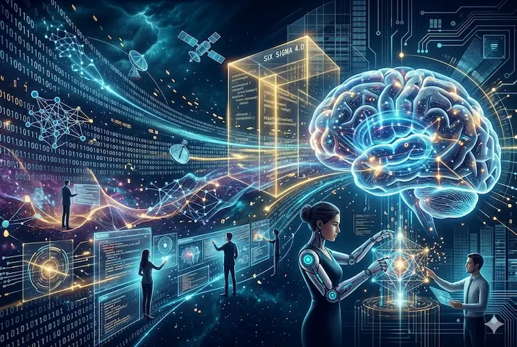 Ilustração futurista representando a Geração Sigma e o Seis Sigma 4.0. A imagem destaca um cérebro digital humano conectado a fluxos de dados, hologramas de satélites artificiais e interfaces de inteligência artificial. Profissionais operam sistemas autônomos em um ambiente de alta tecnologia com tons de azul e dourado