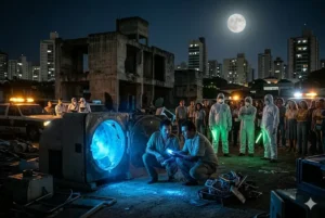 Fotografia cinematogr&aacute;fica e aut&ecirc;ntica de dois catadores em Goi&acirc;nia, em 1987, curvados sobre um aparelho de radioterapia abandonado nas ru&iacute;nas do IGR. Um feixe de luz azul neon intenso e pulsante, simbolizando o p&oacute; azul brilhante, escapa de uma fresta no chumbo, iluminando as suas m&atilde;os e rostos com um misto de fascina&ccedil;&atilde;o e perigo. Ao fundo, equipes de emerg&ecirc;ncia em roupas de prote&ccedil;&atilde;o brancas come&ccedil;am a estabelecer um per&iacute;metro de isolamento, enquanto uma pequena multid&atilde;o ansiosa observa, tudo sob a luz do nascer do sol dourado e a lua cheia