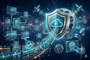 Infogr&aacute;fico futurista sobre seguran&ccedil;a em streaming digital. A imagem mostra um escudo de prote&ccedil;&atilde;o cibern&eacute;tica com um cadeado em destaque, cercado por telas de dispositivos (TV, smartphone, tablet) exibindo &iacute;cones de v&iacute;deo, selos de certifica&ccedil;&atilde;o e fluxos de dados globais em tons de azul e dourado