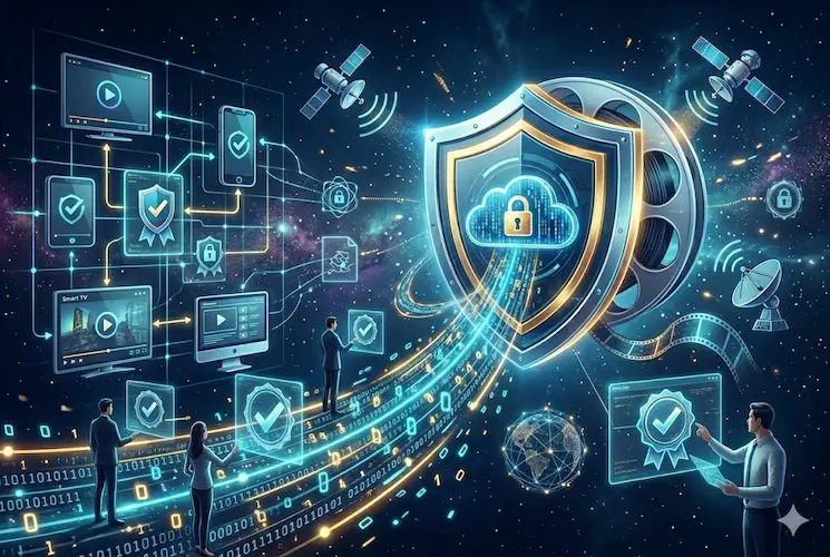 Infográfico futurista sobre segurança em streaming digital. A imagem mostra um escudo de proteção cibernética com um cadeado em destaque, cercado por telas de dispositivos (TV, smartphone, tablet) exibindo ícones de vídeo, selos de certificação e fluxos de dados globais em tons de azul e dourado