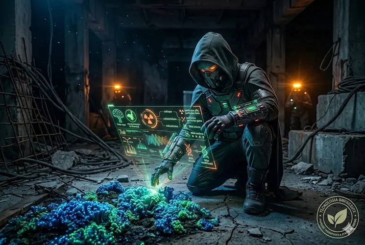 Fotografia cinematográfica e operacional do interior sombrio do reator nº 4 de Chernobyl. Um especialista cloaked em armadura Swarm agacha-se operando uma holografia holográfica que projeta dados simbólicos de 'Fungo de Chernobyl'