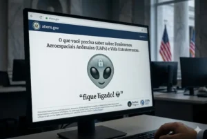A imagem captura um monitor de computador em um escritório governamental em Washington D.C. (sugerido pelo fundo levemente desfocado com a arquitetura de mármore e a bandeira dos EUA na janela). A tela exibe um site oficial de registro .gov.