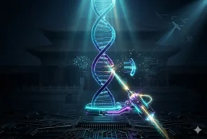 Uma fita de DNA dupla hélice é editada por um laser tecnológico, enquanto ao fundo, sombras sutis de uma estrutura asiática e de um holograma fetal representam o dilema ético da 'caixa de Pandora' da edição humana. Imagem sem texto verbal
