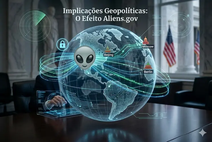 Ilustração conceitual das implicações geopolíticas do domínio .gov aliens.gov, mostrando o emoji alienígena orbitando os EUA e conectando fluxos de dados a Pequim, Moscou e Berlim, em uma sala de reuniões militar dos EUA.
