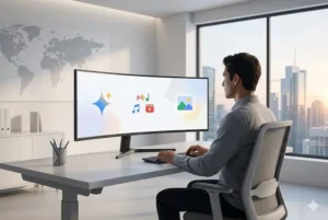 Um homem de costas sentado em uma mesa de escrit&oacute;rio limpa e moderna, trabalhando em um grande monitor curvo que exibe formas abstratas e efeitos de luz sutilmente coloridos, representando v&aacute;rias ferramentas de IA do Google, como assistente, m&uacute;sica e v&iacute;deo. O ambiente &eacute; bem iluminado, com uma janela ao fundo que d&aacute; para uma cidade ao amanhecer, e a cena n&atilde;o possui texto ou logotipos vis&iacute;veis.