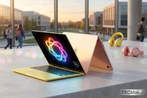 Dois notebooks MacBook Neo da Apple em cores Amarelo-cítrico e Blush abertos em um campus universitário moderno no pôr do sol, com fones de ouvido coloridos e estudantes borrados ao fundo. A imagem de destaque 750x500 foca na portabilidade e design para estudantes, sem texto.