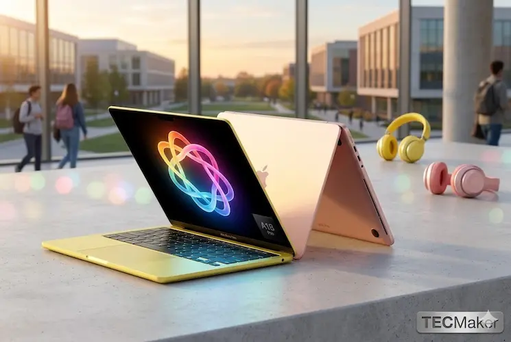 Dois notebooks MacBook Neo da Apple em cores Amarelo-cítrico e Blush abertos em um campus universitário moderno no pôr do sol, com fones de ouvido coloridos e estudantes borrados ao fundo. A imagem de destaque 750x500 foca na portabilidade e design para estudantes, sem texto.