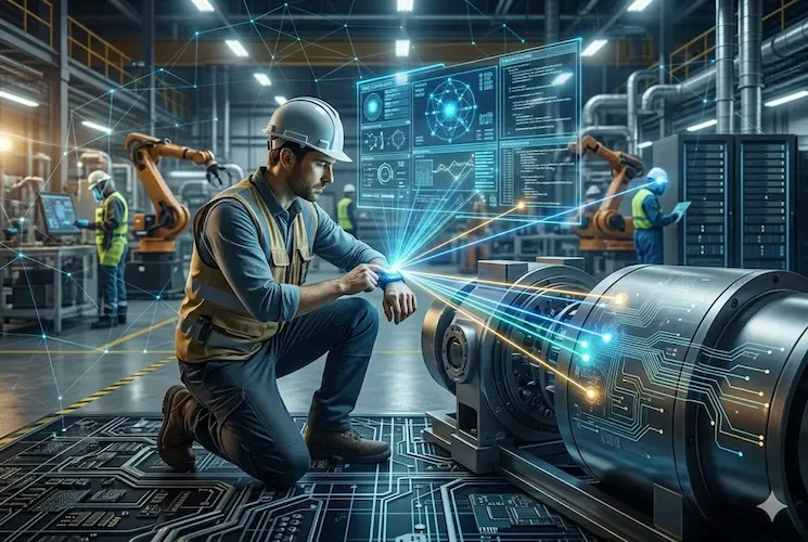 Um profissional de capacete e colete ajoelha-se em um ambiente industrial, manipulando diagnósticos holográficos em tons cyan e dourado. A holografia projeta diagramas de rede e algoritmos de IA sobre uma máquina complexa. Imagem sem texto verbal