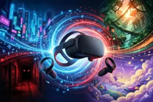 Uma imagem de destaque ilustrada para o TecMaker, apresentando um moderno headset e controles VR flutuando no centro. A composi&ccedil;&atilde;o &eacute; dividida em quatro quadrantes coloridos, representando a diversidade de g&ecirc;neros do VR Games Showcase de 2026: um corredor de horror atmosf&eacute;rico (vermelho), uma cidade cyberpunk neon (azul), uma selva pr&eacute;-hist&oacute;rica din&acirc;mica com ru&iacute;nas (laranja/verde) e um mundo de fantasia r&iacute;tmica com nuvens (roxo/amarelo). A imagem simboliza a imers&atilde;o e a tecnologia imersiva de nova gera&ccedil;&atilde;o.