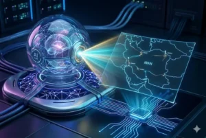 Uma esfera tecnológica de vidro contendo um cérebro digital brilhante em tons de azul e roxo, posicionada sobre uma base de hardware futurista com circuitos iluminados. À direita, um painel holográfico projeta um mapa tático da região do Irã, com linhas de dados e pontos de interesse destacados por feixes de luz neon. O ambiente sugere um centro de comando avançado com servidores e cabos de fibra óptica ao fundo.