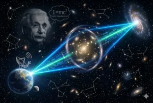 Ilustração conceitual do laser natural do espaço de 8 bilhões de anos-luz cruzando a lente gravitacional de Einstein e sendo captado pelo rádio telescópio MeerKAT na Terra, em um fundo de espaço profundo.