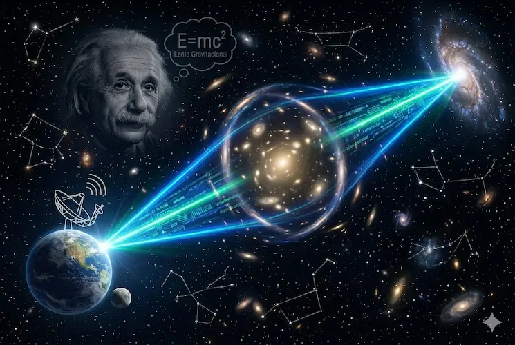 Ilustração conceitual do laser natural do espaço de 8 bilhões de anos-luz cruzando a lente gravitacional de Einstein e sendo captado pelo rádio telescópio MeerKAT na Terra, em um fundo de espaço profundo.