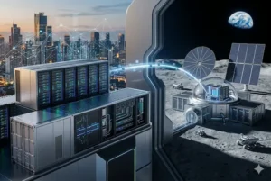 Uma composição futurista dividida em duas partes: à esquerda, módulos de data centers terrestres em contêineres metálicos de alta tecnologia, situados em um terraço com vista para uma metrópole iluminada ao entardecer; à direita, através de um portal tecnológico, uma base de processamento lunar com painéis solares, domos de vidro e antenas parabólicas sob um céu estrelado com a Terra visível ao fundo. Linhas de dados digitais conectam os dois mundos.