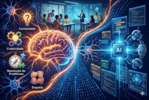 &iacute;cones flutuantes (l&acirc;mpada com interroga&ccedil;&atilde;o, gears com l&acirc;mpada, compass com quebra-cabe&ccedil;a, m&atilde;os interligadas) simbolizam as habilidades humanas superiores que o artigo discute: Curiosidade, Criatividade, Resolu&ccedil;&atilde;o de Problemas e Empatia.