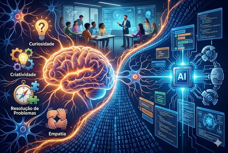 ícones flutuantes (lâmpada com interrogação, gears com lâmpada, compass com quebra-cabeça, mãos interligadas) simbolizam as habilidades humanas superiores que o artigo discute: Curiosidade, Criatividade, Resolução de Problemas e Empatia.