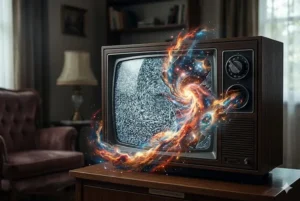 Ilustração conceitual de uma TV vintage dos anos 70 com chuviscos na tela e o Big Bang cósmico em swirling plasma, nebulae e estrelas "vazando" e erupcionando fisicamente para fora da tela rachada, em uma sala de estar dimly lit..