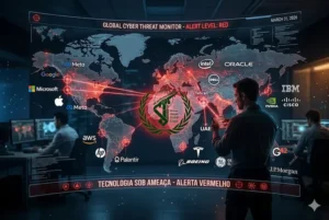 Fotografia cinematogr&aacute;fica e aut&ecirc;ntica de um centro de monitoramento cibern&eacute;tico global em 31 de mar&ccedil;o de 2026. O monitor hologr&aacute;fico mostra um mapa-m&uacute;ndi com o bras&atilde;o da Guarda Revolucion&aacute;ria do Ir&atilde; (IRGC) em Teer&atilde;