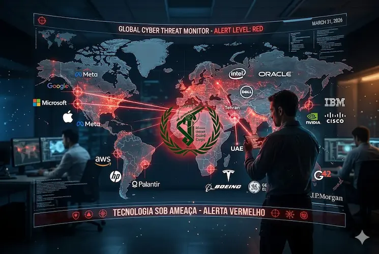 Fotografia cinematográfica e autêntica de um centro de monitoramento cibernético global em 31 de março de 2026. O monitor holográfico mostra um mapa-múndi com o brasão da Guarda Revolucionária do Irã (IRGC) em Teerã