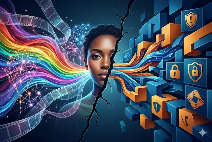 Representação visual de inteligência artificial geradora de vídeo (OpenAI Sora) sendo bloqueada por uma barreira de segurança digital e criptografia, simbolizando a repressão contra deepfakes e proteção de figuras públicas.