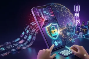 Composição digital futurista em tons de roxo e azul neon. À esquerda, ícones flutuantes de impressões digitais e cartões de dados escapam de uma fenda digital. Ao centro, um smartphone exibe um escudo brilhante com um cadeado e o símbolo de um quebra-cabeça de autenticação (2FA). À direita, mãos seguram uma chave física sobre um QR Code, enquanto uma cúpula geométrica protege uma torre de telecomunicações ao fundo, simbolizando a defesa contra vazamentos de dados.