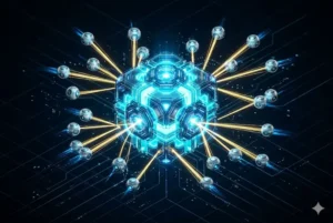 Ilustração 3D de um núcleo de dados brilhante em tons de ciano se conectando a vários robôs esféricos por feixes de luz dourada, representando a integração dos agentes autônomos do Moltbook à unidade Superintelligence da Meta.