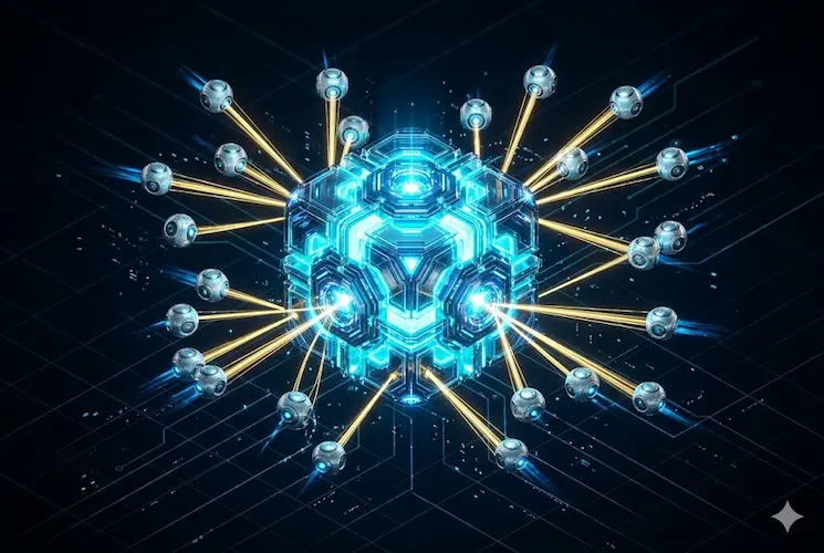 Ilustração 3D de um núcleo de dados brilhante em tons de ciano se conectando a vários robôs esféricos por feixes de luz dourada, representando a integração dos agentes autônomos do Moltbook à unidade Superintelligence da Meta.