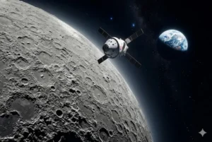 Fotografia cinematogr&aacute;fica do Lado Oculto da Lua densamente craterizado, com a nave Orion da miss&atilde;o Artemis II em &oacute;rbita, mostrando o 'Nascer da Terra' no horizonte distante.