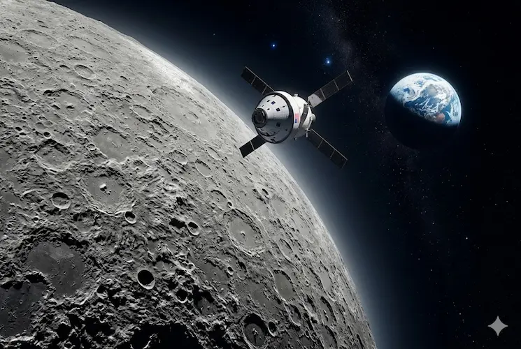 Fotografia cinematográfica do Lado Oculto da Lua densamente craterizado, com a nave Orion da missão Artemis II em órbita, mostrando o 'Nascer da Terra' no horizonte distante.