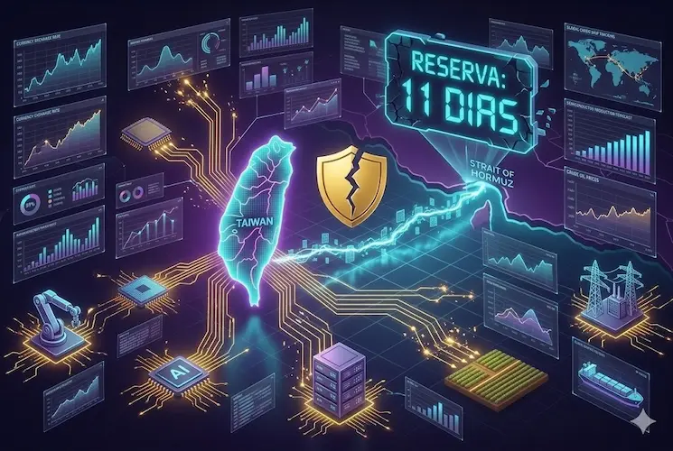 Infográfico tecnológico em 750x500 sobre o apagão global. Um mapa de Taiwan está no centro, conectado a um cronômetro alarmante de 'RESERVA: 11 DIAS' no Estreito de Ormuz, ilustrando como o bloqueio energético paralisaria chips e agricultura. O escudo de segurança aparece quebrado.
