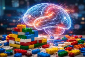 Cérebro iluminado com conexões neurais ao lado de blocos de montar coloridos simbolizando a relação entre neurociência e LEGO