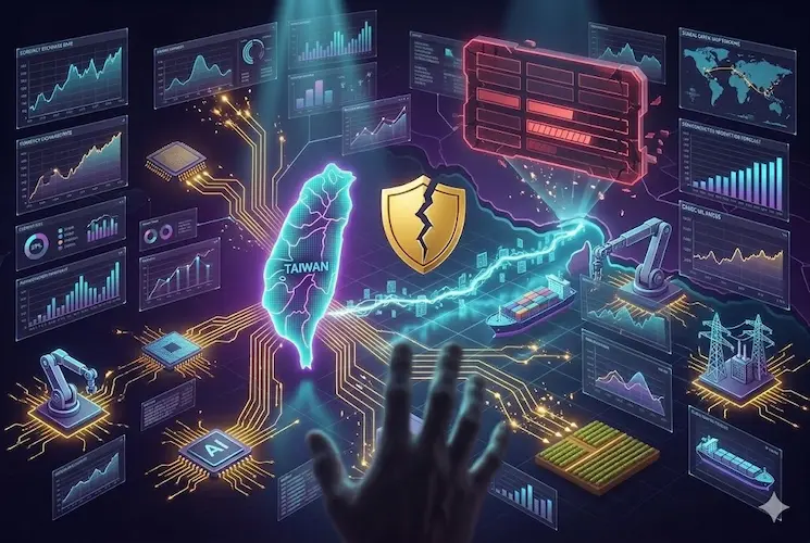 Um mapa de Taiwan está no centro, conectado a um cronômetro alarmante de 'RESERVA: 11 DIAS' no Estreito de Ormuz, ilustrando como o bloqueio energético paralisaria chips e agricultura. O escudo de segurança aparece quebrado. Imagem sem texto verbal."