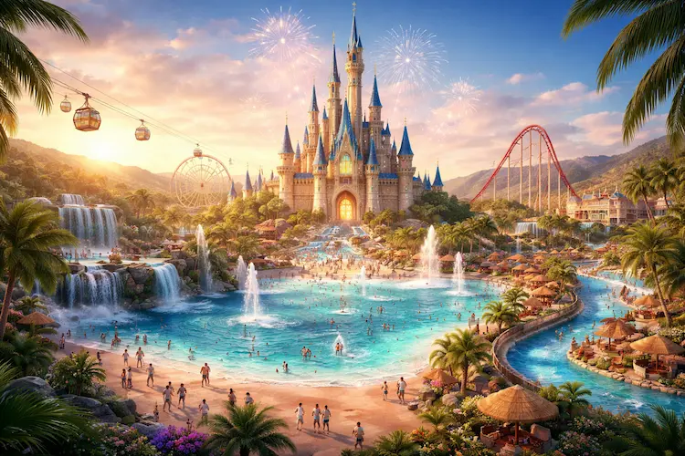 Parque temático com castelo central, piscina de ondas, rio lento, montanha-russa e roda-gigante ao pôr do sol