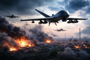 Drones militares de ataque sobrevoando cidade em conflito com explosões ao fundo, representando guerra moderna e tecnologia militar avançada.