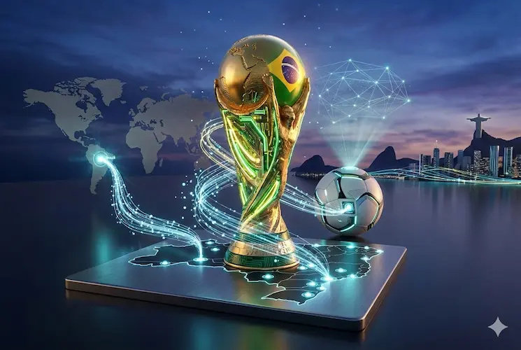 Uma renderização 3D de alta qualidade com iluminação dramática no estilo "golden hour" e ciano futurista. O elemento central é uma versão estilizada e integrada da Taça do Mundo da FIFA e da bandeira do Brasil. A taça, feita de ouro tradicional, é entrelaçada por tubos de luz verdes e amarelos e circuitos intrincados que representam a conectividade 5G e fluxos de dados.