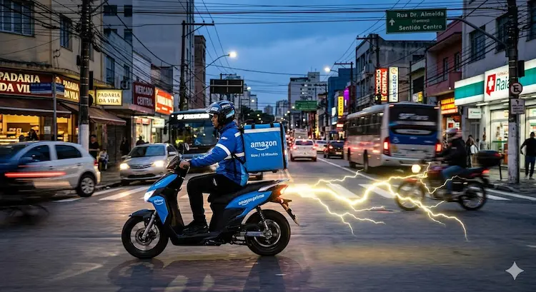 Um entregador da Amazon Prime acelerando em uma scooter elétrica por uma rua urbana brasileira ao anoitecer, com rastros de luz imitando um relâmpago, representando a entrega em 15 minutos do serviço 'Amazon Now: a era da entrega relâmpago'