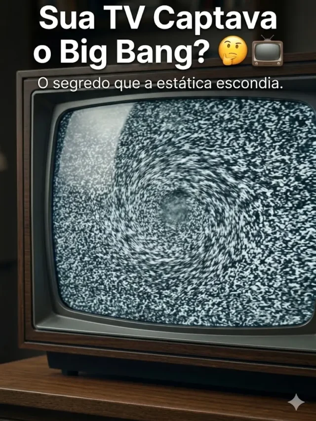 Uma grande antena de rádio telescópio, como a MeerKAT, apontada para o espaço profundo. De forma fluida, o sinal captado se materializa em uma pequena sobreposição visual que lembra a estática de rádio e TV