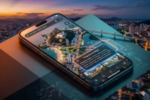 Smartphone exibindo a grande atualização de IA do Google Maps com navegação 3D imersiva da cidade de Vila Velha. A tela destaca o novo recurso holográfico "Pergunte ao Maps" alimentado pela Gemini AI, mostrando respostas em tempo real sobrepostas ao mapa em um cenário de entardecer com iluminação cinematográfica.
